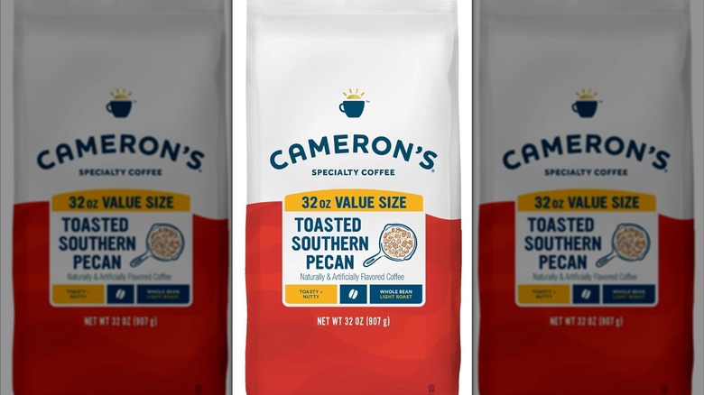 Bag of Cameron's Toasted Southern Pecan coffee on a white background