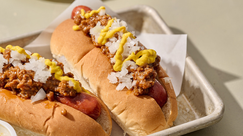 Two Coney Island hot dogs on a tray