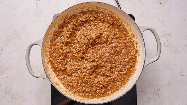 Aerial view of simmering beef mixture in pot