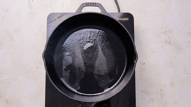 Skillet containing shortening heating up