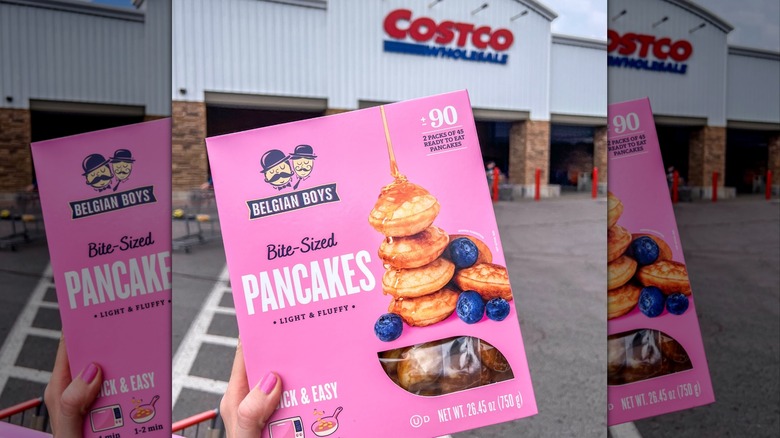 Pink box of mini pancakes at Costco storefront