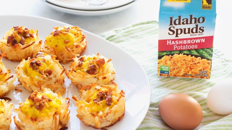 Carton of hashbrowns with hashbrown egg bites