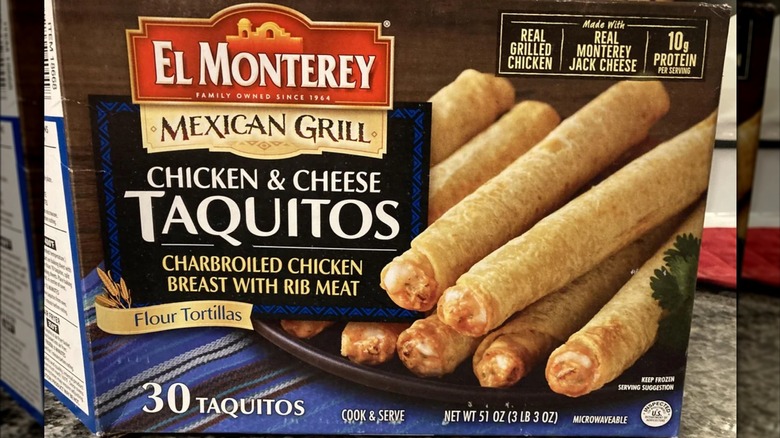 Box of El Monterey Mexican Grill Taquitos on a counter