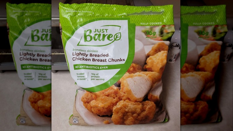 Bag of Just Bare Lightly Breaded Chicken Breast Chunks on a counter