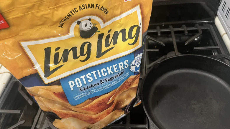 Bag of Ling Ling Chicken and Vegetable Pot Stickers on the stove