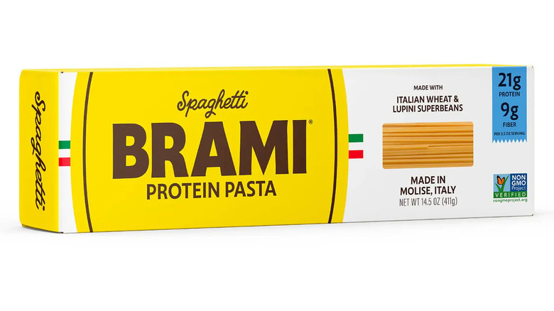 Yellow box of Brami Protein Spaghetti on white backdrop