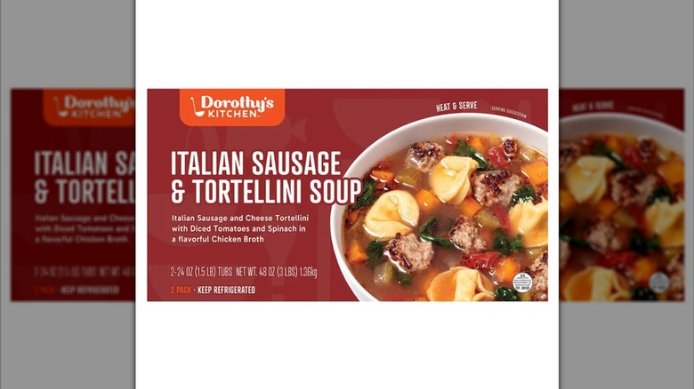 Package of Dorothy's Kitchen Italian Sausage & Tortellini Soup on white background