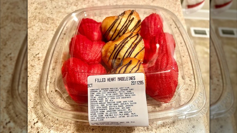 Box of red and chocolate-drizzled Filled Heart Madeleines from Costco