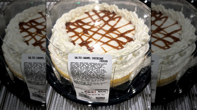 Whole Kirkland Signature Salted Caramel Cheesecake inside plastic carrier from Costco