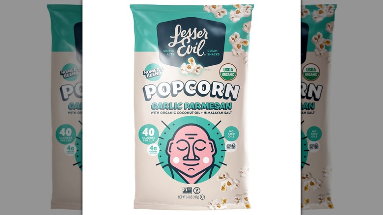 Bag of LesserEvil Garlic Parmesan Organic Popcorn on white background
