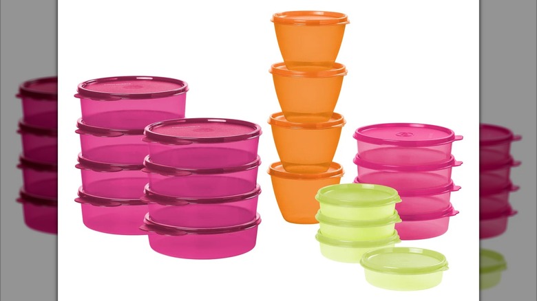 Tupperware 40-piece Meal Prep Set with orange, pink, and green transparent plastic containers