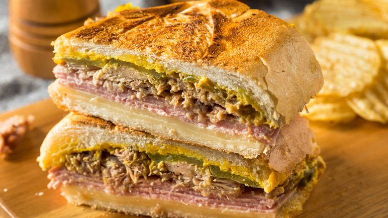 Close up of a large Cuban sandwich cut in half
