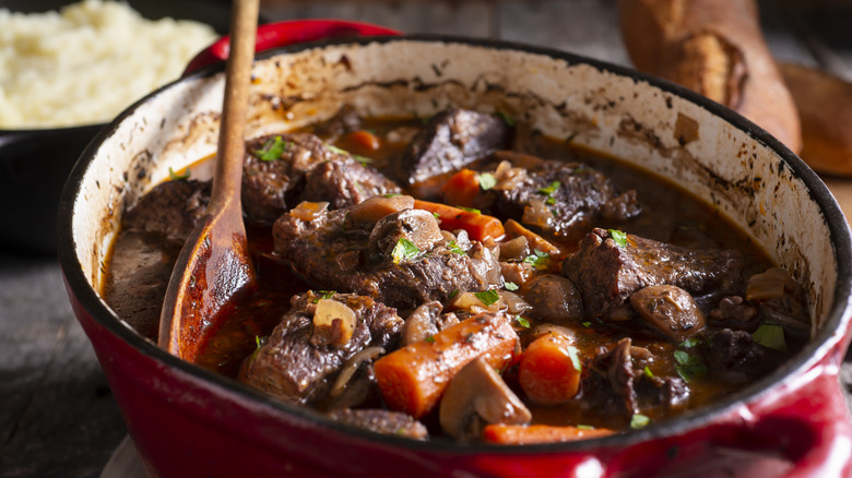 A pot of rich, caramelized beef bourguignon