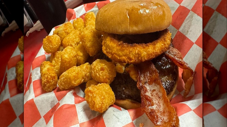 Bacon jam burger with tater tots