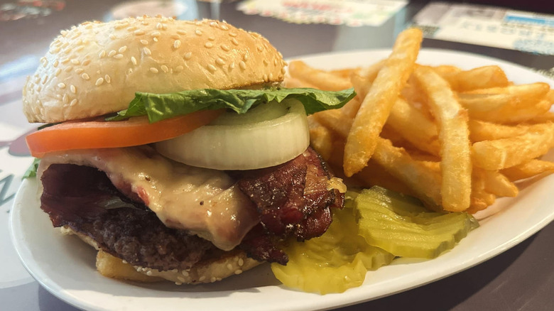 Burger and fries on a plate