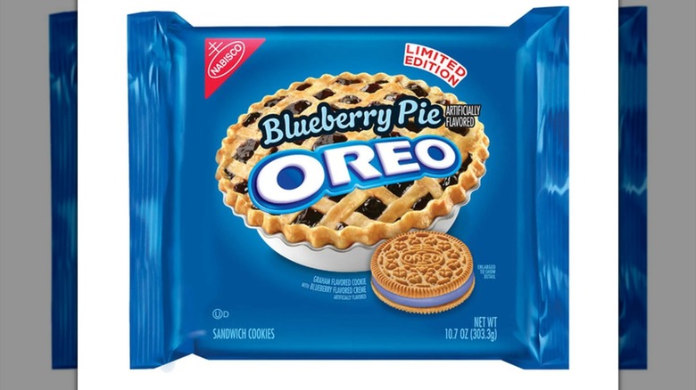 Blue package of Blueberry Pie Oreos on white background