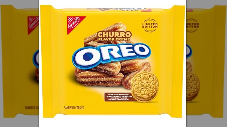 Yellow pack of Churro Oreos on white background