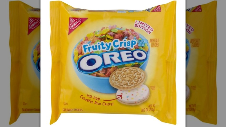 Yellow package of Fruity Crisp Oreos on white background