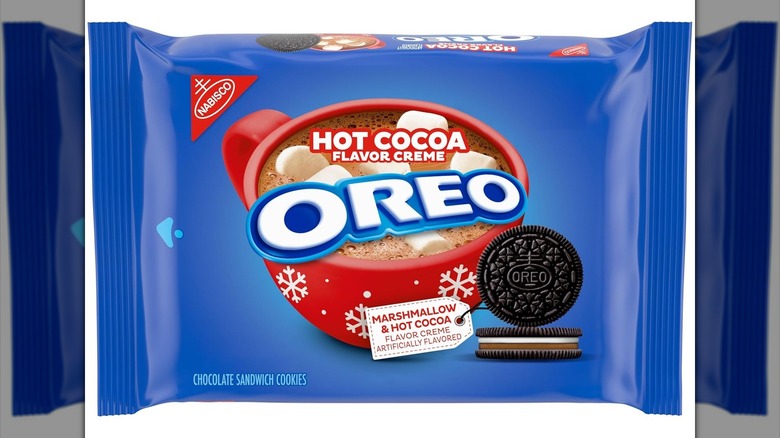Blue pack of Hot Cocoa Oreos on white background