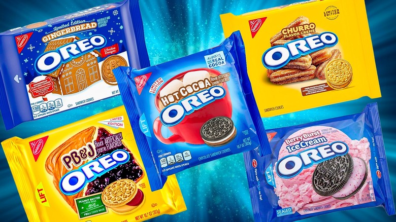 Composite image featuring packages of various discontinued Oreo flavors
