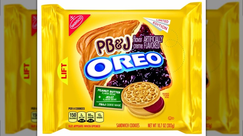 Yellow pack of PB&J Oreos on white background