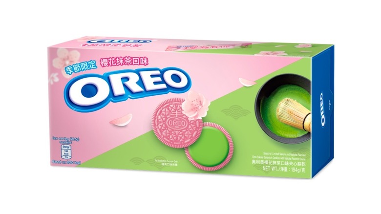 Box of Sakura Matcha Oreos with Chinese writing on it on white background