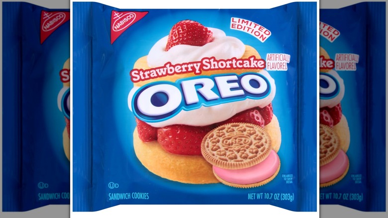 Blue pack of Strawberry Shortcake Oreos on white background