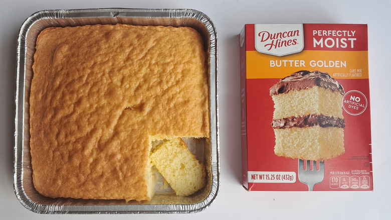 Butter Golden cake mix box and cake in a pan