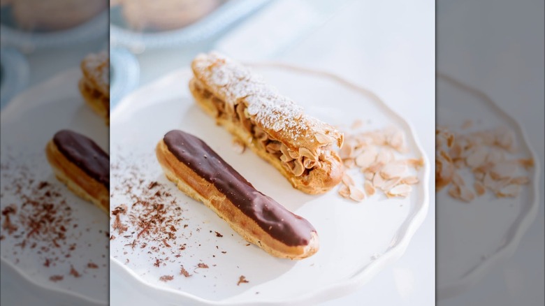 chocolate eclair and Philidelphia eclair from J'aime French Bakery on on a plate