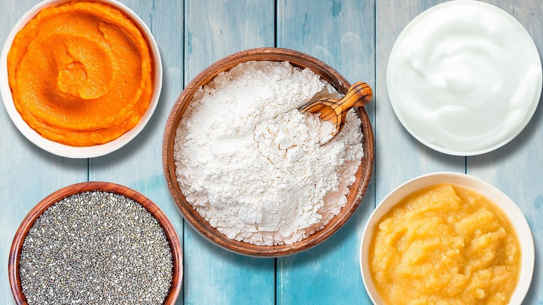 Composite image featuring various egg substitutes