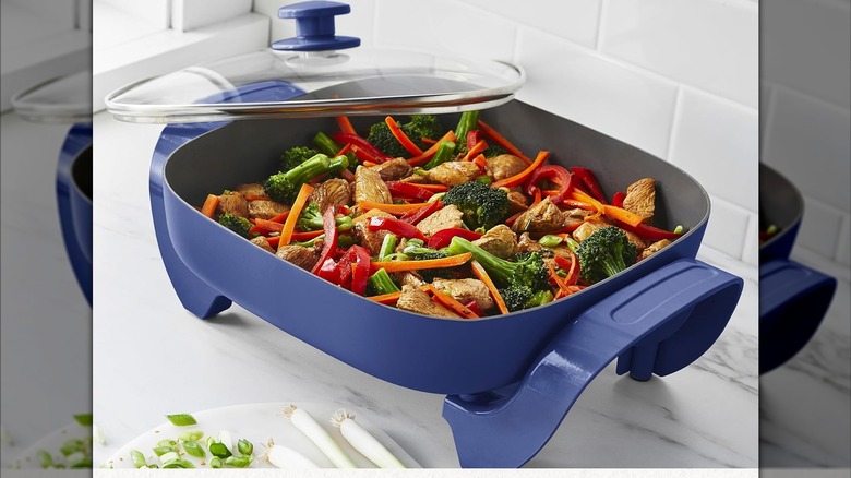 A blue GreenLife electric skillet