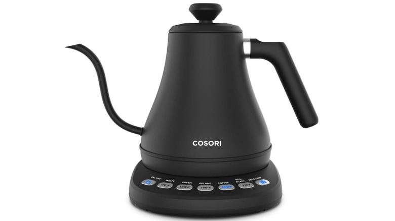 Black gooseneck Cosori electric kettle against a white background