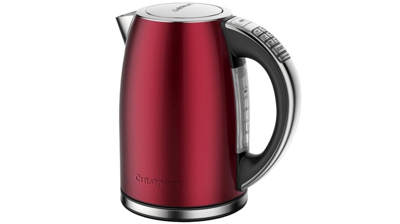 Red Cuisinart electric kettle against a white background
