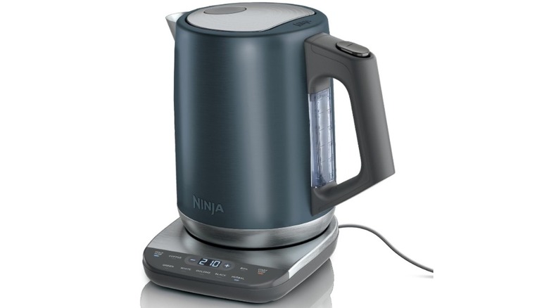 Blue stainless Ninja electric kettle against a white background