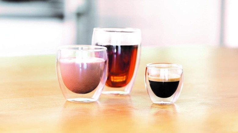 Selection of three Bodum glasses, with two larger glasses shown next to its espresso glass