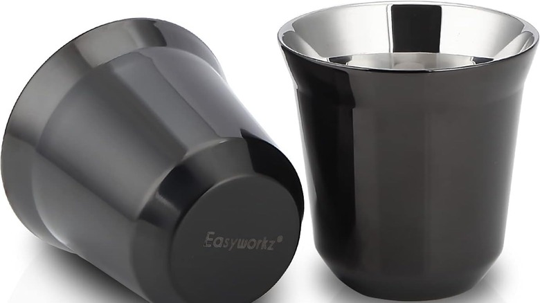 Two Easyworkz stainless-steel espresso cups against a plain white background