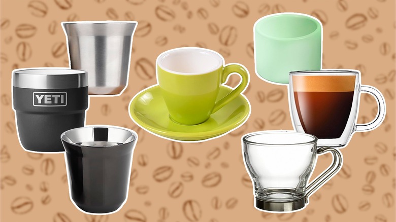 Selection of various types of espresso cups on a background showing drawings of coffee beans