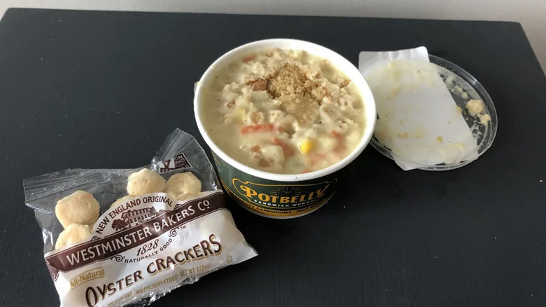 A bowl of Potbelly's chicken pot pie soup