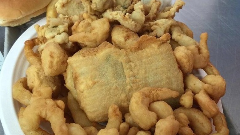 Fried fish, shrimp, and bread
