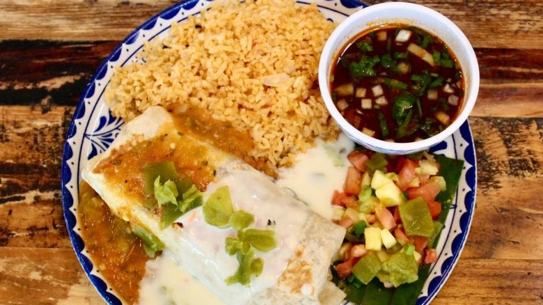 Hatch enchiladas with rice and beans at the Hatch Chile Festival