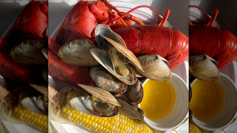 Clams, lobster, corncob, and sauce in box at the Charlestown Seafood Festival