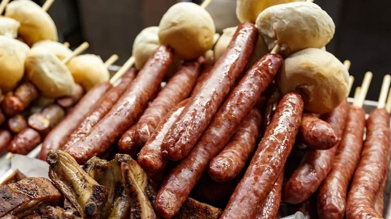 Skewered German sausages at Wurstfest New Braunfels