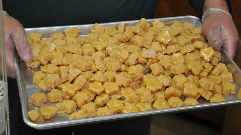 Hands holding a tray of maple candy at the Vermont Maple Festival