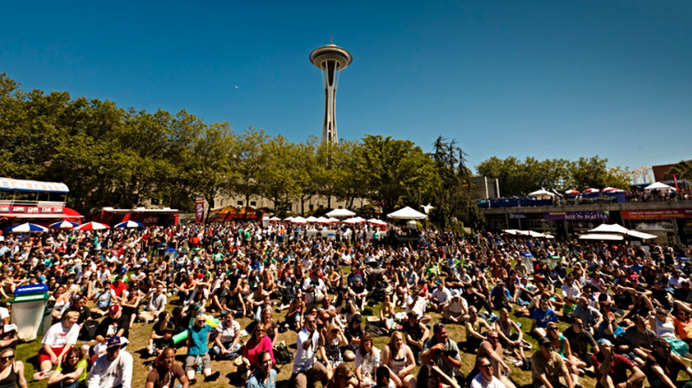 Crowds at Bite of Seattle with the Space Needle in the background