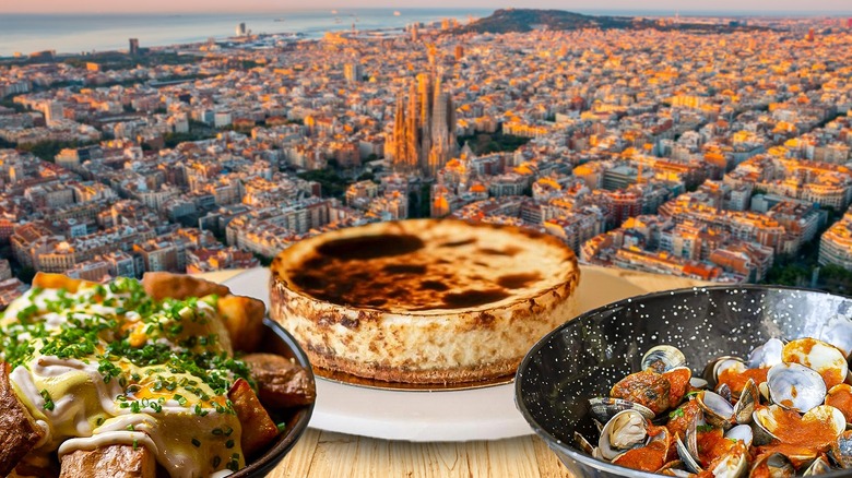 Three dishes against an aerial view of Barcelona in the background