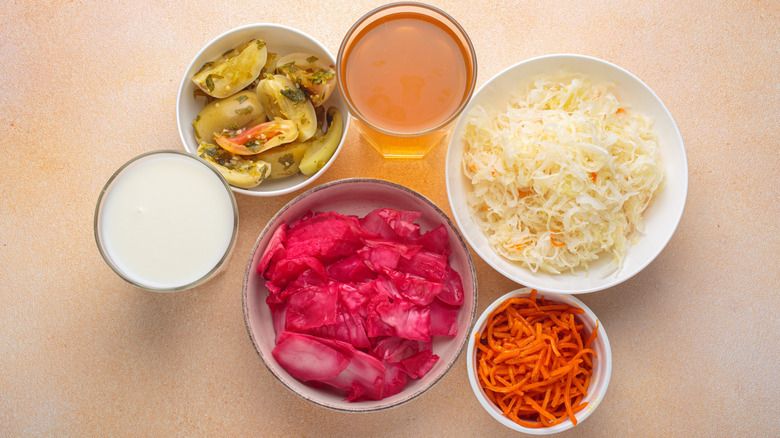 Fermented foods and drinks in bowls, including yogurt, kimchi, sauerkraut, and kombucha