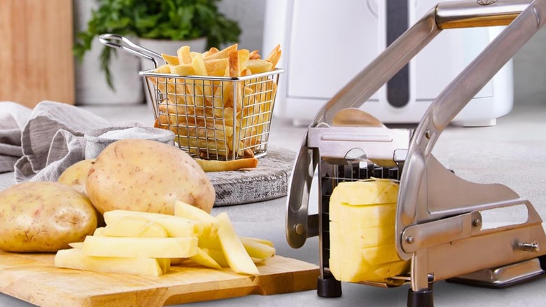 An Ico french fry cutter with fries