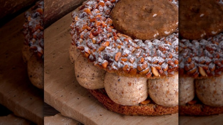 hazelnut and praline coated paris brest pastry