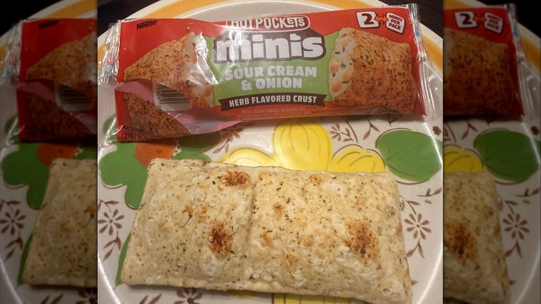 Hot Pocket Minis Sour Cream and Onion on plate beside wrapper