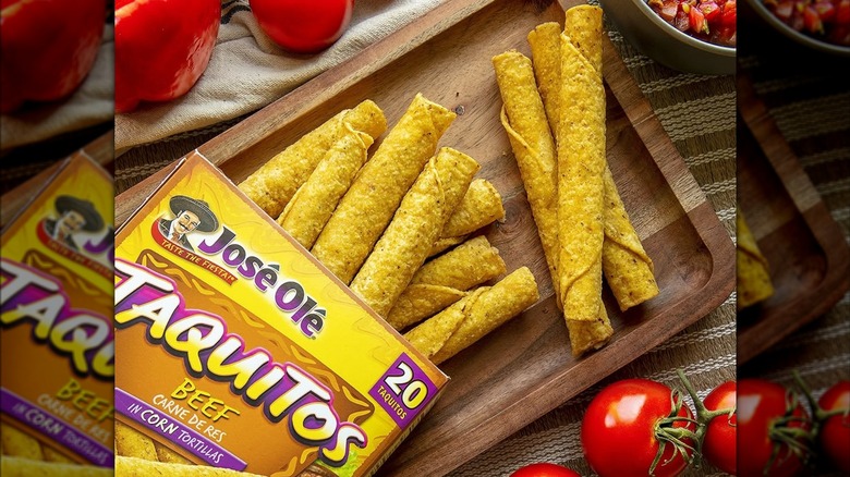A yellow box of José Olé beef and cheese taquitos